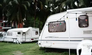 Kemping pod palmami, przyczepy kempingowe z girlandami światełek. Zastanawiasz się, jakie prawo jazdy na przyczepę kempingową?