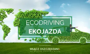 Zielona mapa świata i samochód z liści symbolizują ekologiczną jazdę. Mężczyzna w garniturze wskazuje drogę do oszczędzania.