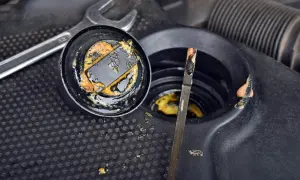 Osad na korku i bagnecie sugeruje problemy z uszczelką pod głowicą, objawy benzyną w oleju.