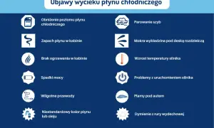 Objawy wycieku płynu chłodniczego: niski poziom, zapach w kabinie, parowanie szyb, mokra wykładzina, wzrost temperatury silnika, spadki mocy, problemy z uruchomieniem, plamy pod autem.