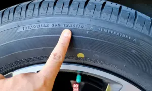 Palec wskazuje na oznaczenie TREADWEAR 260 TRACTION A TEMPERATURE A na oponie. Obok widoczna jest żółta kropka.