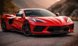 Czerwony Chevrolet Corvette C8 z czarnymi felgami i ostrymi światłami, które przypominają czerwone kierunkowskazy, na tle górskiego krajobrazu.