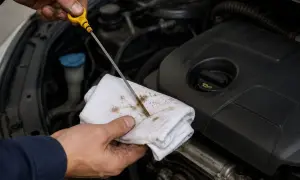 Sprawdzanie poziomu oleju w silniku. Na bagnecie widoczny jest ubytek oleju, co może świadczyć o problemie.