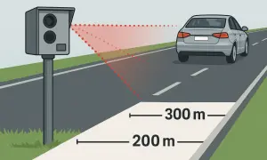 Fotoradar mierzy prędkość pojazdu z odległości 200 i 300 metrów. Czerwone kropki pokazują zasięg działania urządzenia.