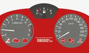 Kontrolka temperatury oleju jest wyłączona. Na desce rozdzielczej widać też wskaźnik paliwa, obrotomierz, prędkościomierz i inne kontrolki.