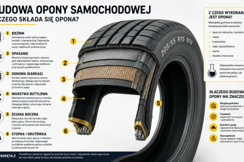 Przekrój opony samochodowej ukazujący jej budowę: bieżnik, opasanie, osnowę, warstwę butylową, ścianę boczną i stopkę.