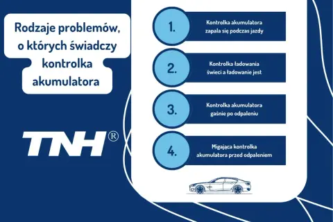 Rodzaje problemów z kontrolką akumulatora: świeci podczas jazdy, świeci, gdy ładowanie jest, gaśnie po odpaleniu, miga przed odpaleniem.