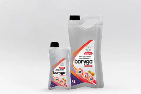 Dwa opakowania płynu chłodniczego Borygo G12 EVO. Czy można mieszać różne płyny chłodnicze? Ten produkt jest gotowy do użycia.