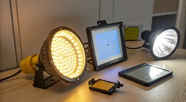 Różne rodzaje oświetlenia LED, w tym okrągły reflektor z żółtymi diodami, kwadratowy panel z niebieskimi diodami i tradycyjna żarówka symbol.