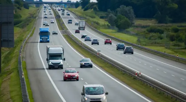 Ruch na autostradzie, gdzie samochody jadą różnymi pasami. Pytanie, czy na autostradzie można wyprzedzać z prawej strony, pozostaje otwarte.