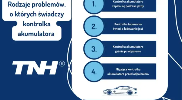 Rodzaje problemów z kontrolką akumulatora: świeci podczas jazdy, świeci, gdy ładowanie jest, gaśnie po odpaleniu, miga przed odpaleniem.