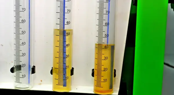Trzy menzurki z podziałką. W dwóch z nich widać żółtawy płyn, prawdopodobnie paliwo w oleju, na poziomie około 50 i 40 ml.