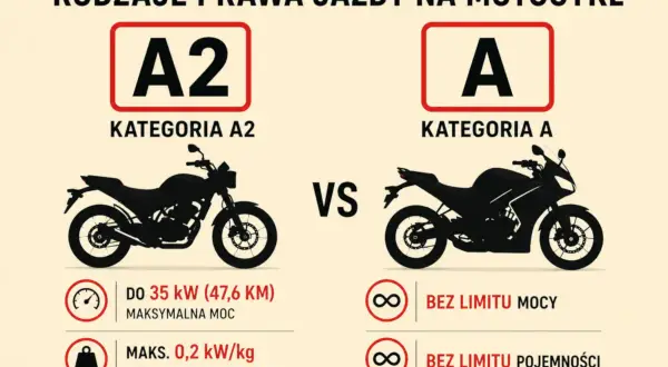 Porównanie kategorii A2 i A prawa jazdy na motor. A2: do 35 kW, A: bez limitu mocy i pojemności.