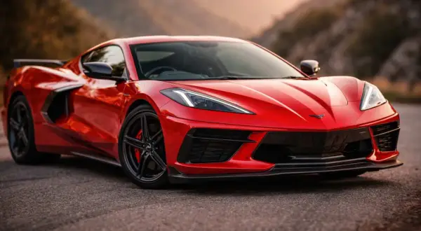 Czerwony Chevrolet Corvette C8 z czarnymi felgami i ostrymi światłami, które przypominają czerwone kierunkowskazy, na tle górskiego krajobrazu.
