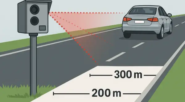 Fotoradar mierzy prędkość pojazdu z odległości 200 i 300 metrów. Czerwone kropki pokazują zasięg działania urządzenia.