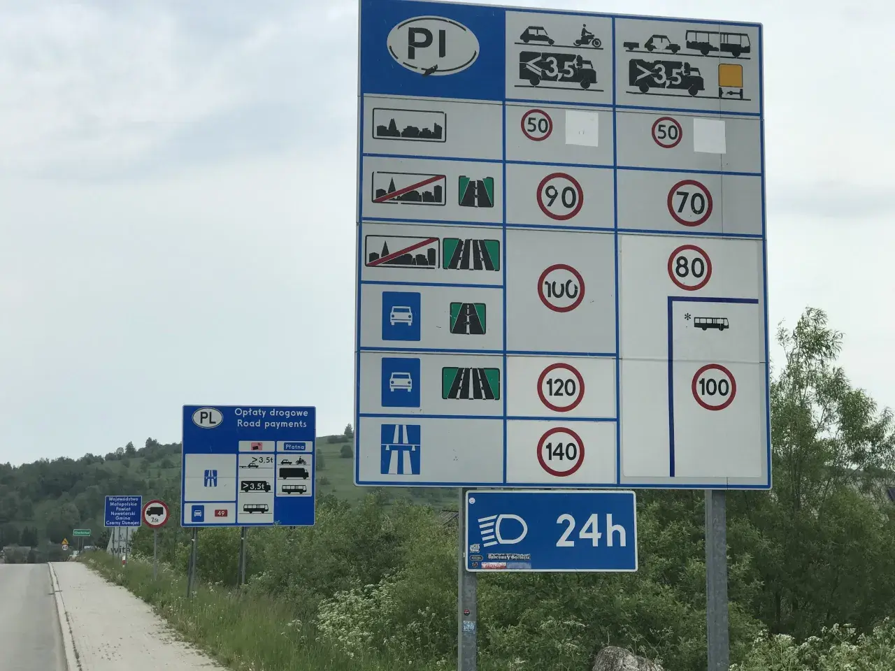Znaki drogowe w Polsce informują, ile może jechać tir na autostradzie. Ciężarówki powyżej 3,5 tony mają ograniczenie do 80 km/h.