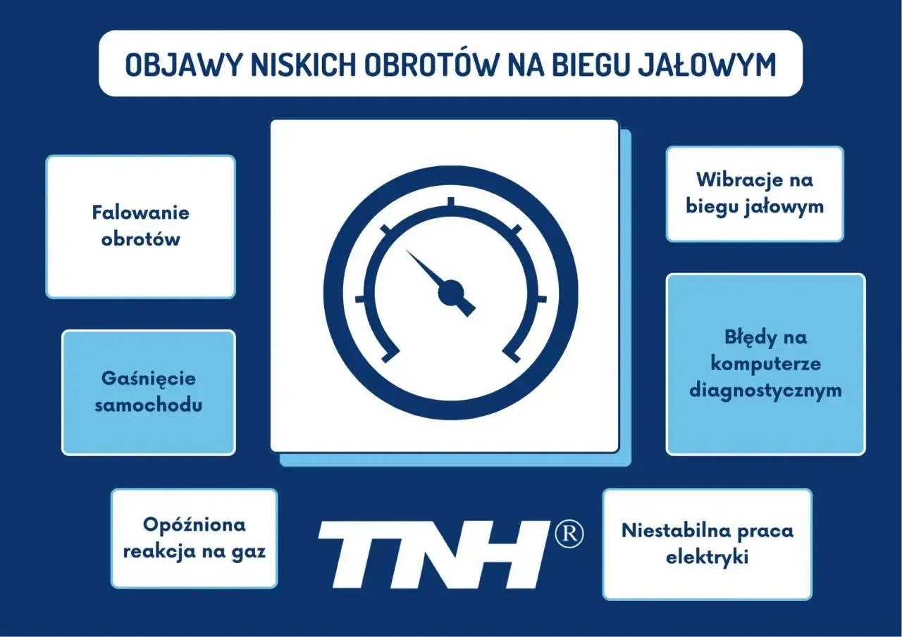 Objawy niskich obrotów: falowanie obrotów, gaśnięcie, opóźniona reakcja na gaz, wibracje, błędy diagnostyczne, niestabilna praca elektryki.