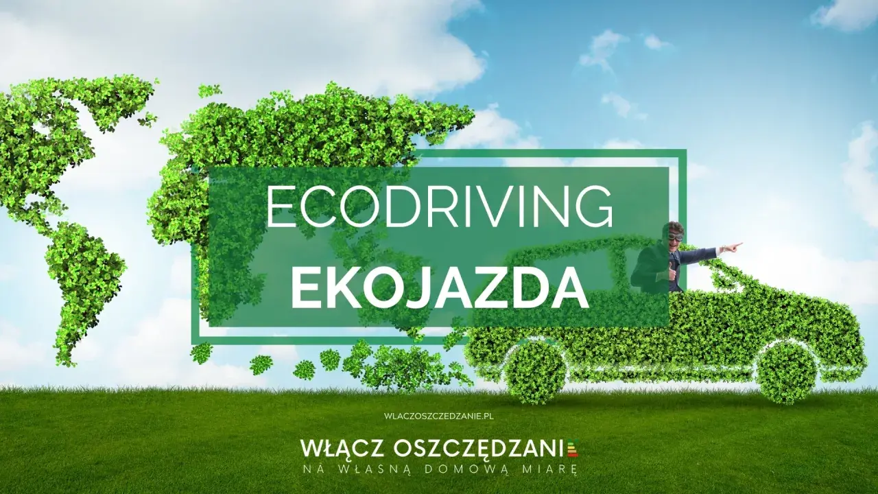 Zielona mapa świata i samochód z liści symbolizują ekologiczną jazdę. Mężczyzna w garniturze wskazuje drogę do oszczędzania.