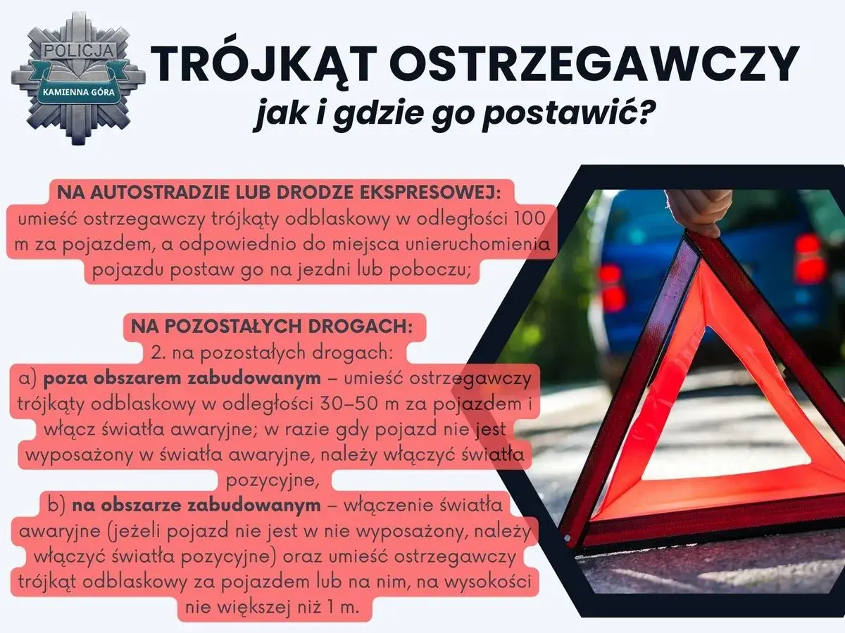 Trójkąt ostrzegawczy odległości: jak i gdzie go postawić na drodze? Informacje dla kierowców od policji.