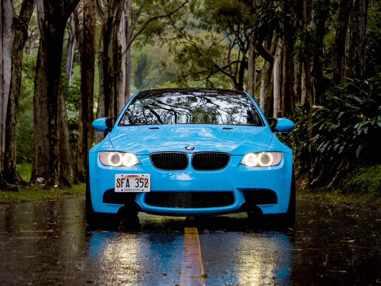 Niebieskie BMW na mokrej drodze, wśród drzew. Świetna przyczepność na mokrej nawierzchni zapewnia bezpieczeństwo podczas jazdy w deszczu.