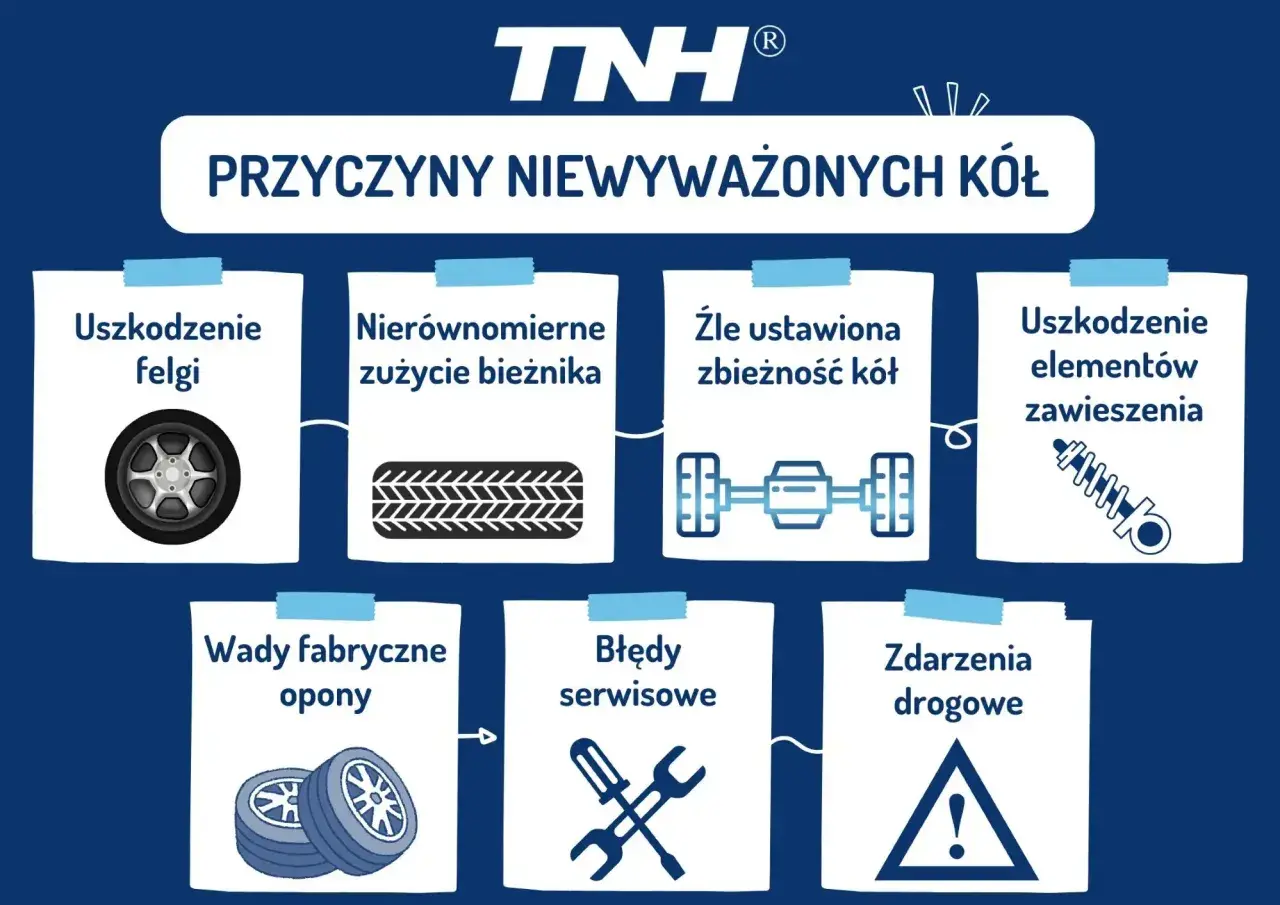 Przyczyny niewyważonych kół: uszkodzenie felgi, nierównomierne zużycie bieżnika, zła zbieżność, uszkodzone zawieszenie, wady opon, błędy serwisowe, zdarzenia drogowe.