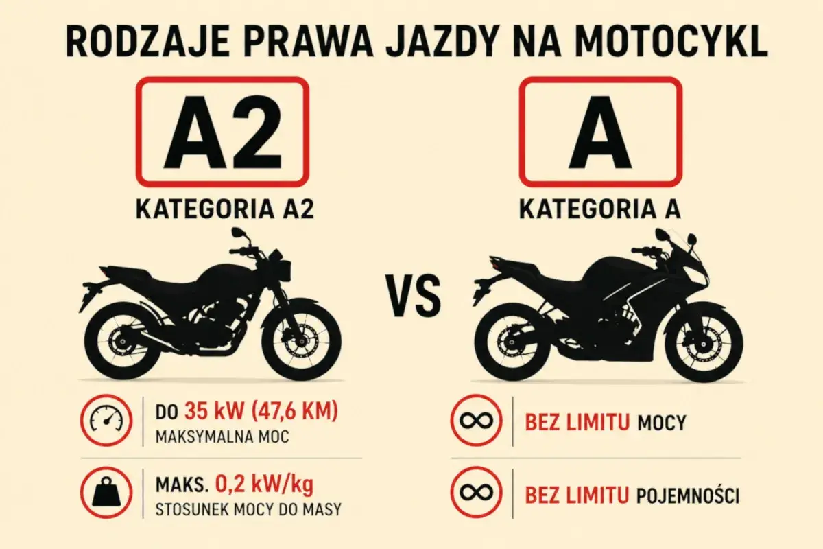 Porównanie kategorii A2 i A prawa jazdy na motor. A2: do 35 kW, A: bez limitu mocy i pojemności.