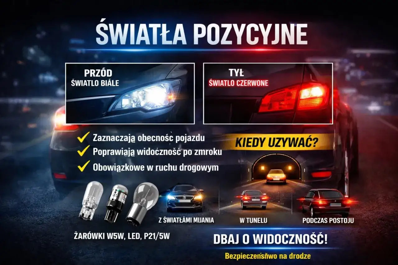 Światła pozycyjne: białe z przodu, czerwone z tyłu. Zaznaczają pojazd, poprawiają widoczność. Obowiązkowe w ruchu drogowym.