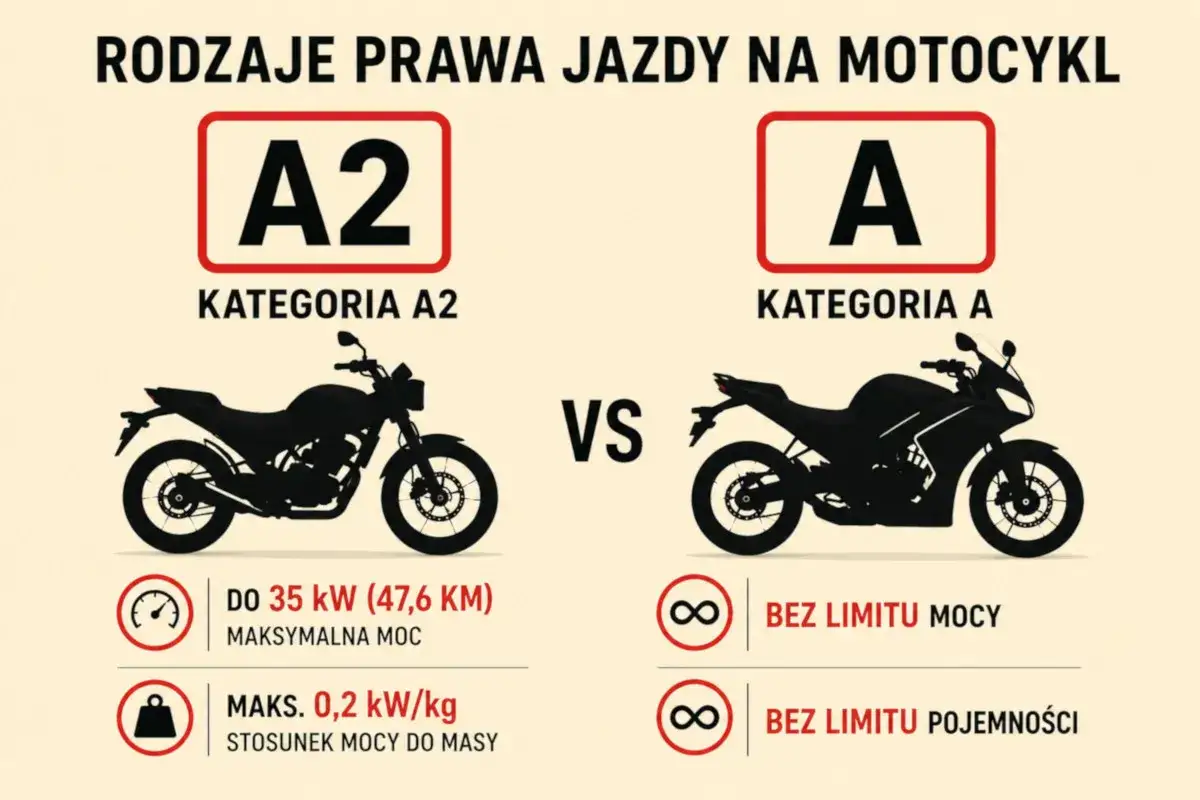 Porównanie kategorii A i A2 prawa jazdy na motor. Kategoria A2 ma ograniczenia mocy i stosunku mocy do masy, podczas gdy kategoria A oferuje jazdę bez limitów.