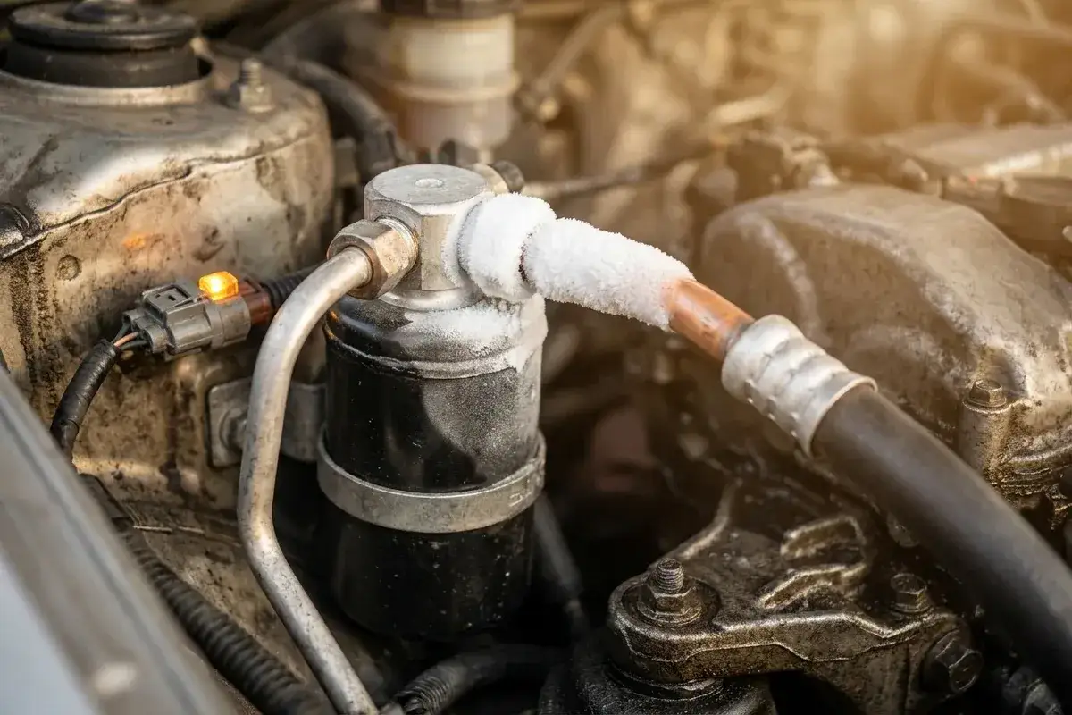 Zamroźnięty przewód klimatyzacji, jeden z objawów zapchanego osuszacza klimatyzacji. Pomarańczowa kontrolka sygnalizuje problem.