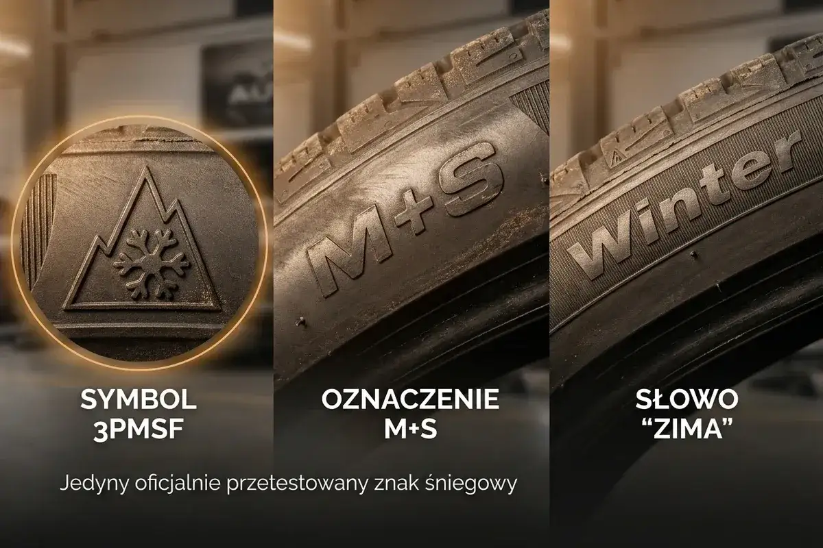 Symbol 3PMSF na oponie, oznaczający oficjalnie przetestowany znak śniegowy, obok oznaczeń M+S i słowa