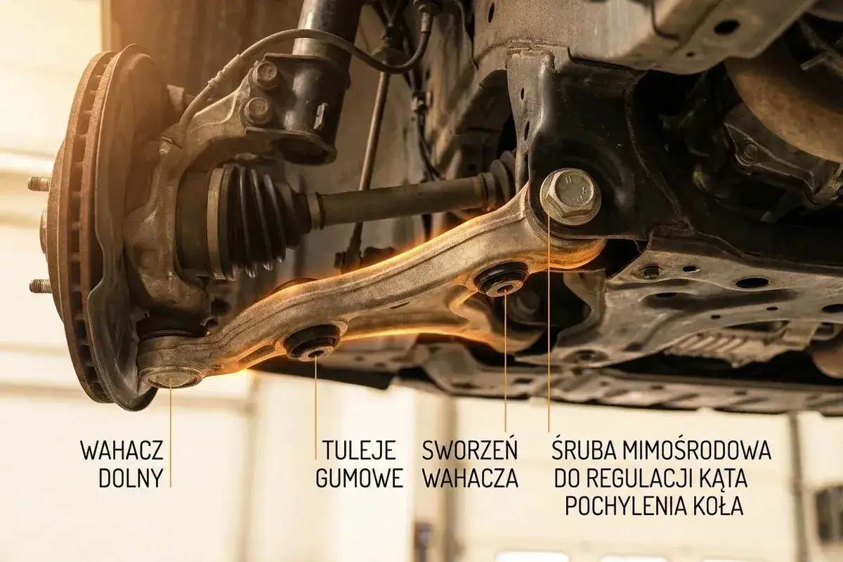 Dolny wahacz z tulejami, sworzniem i śrubą mimośrodową do regulacji kąta pochylenia koła.