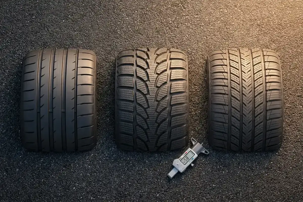 Trzy opony o różnym bieżniku leżą na asfalcie. Czy można założyć różne opony na przód i tył? Suwmiarka pokazuje 5.8 mm.