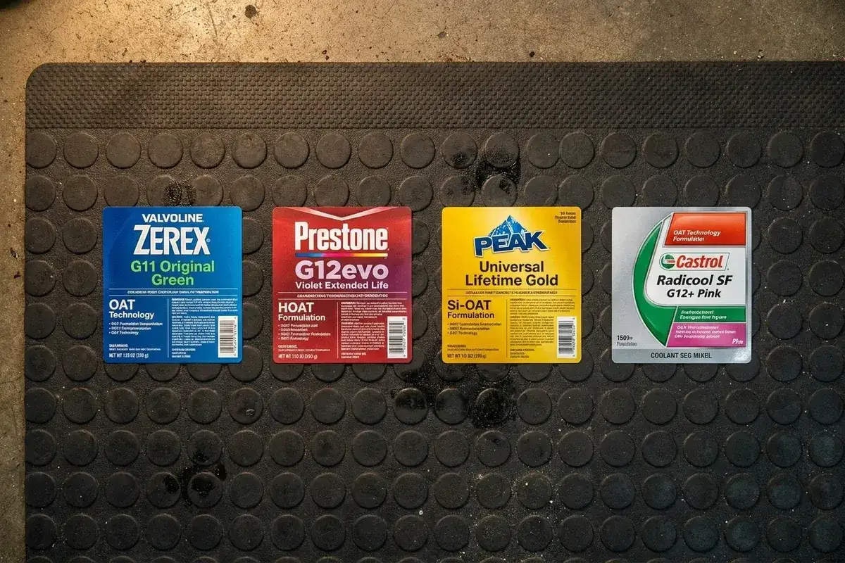 Etykiety płynów chłodniczych: Valvoline Zerex G11, Prestone G12evo, Peak Universal Lifetime Gold i Castrol Radicool SF. Różne oznaczenia płynów chłodniczych.