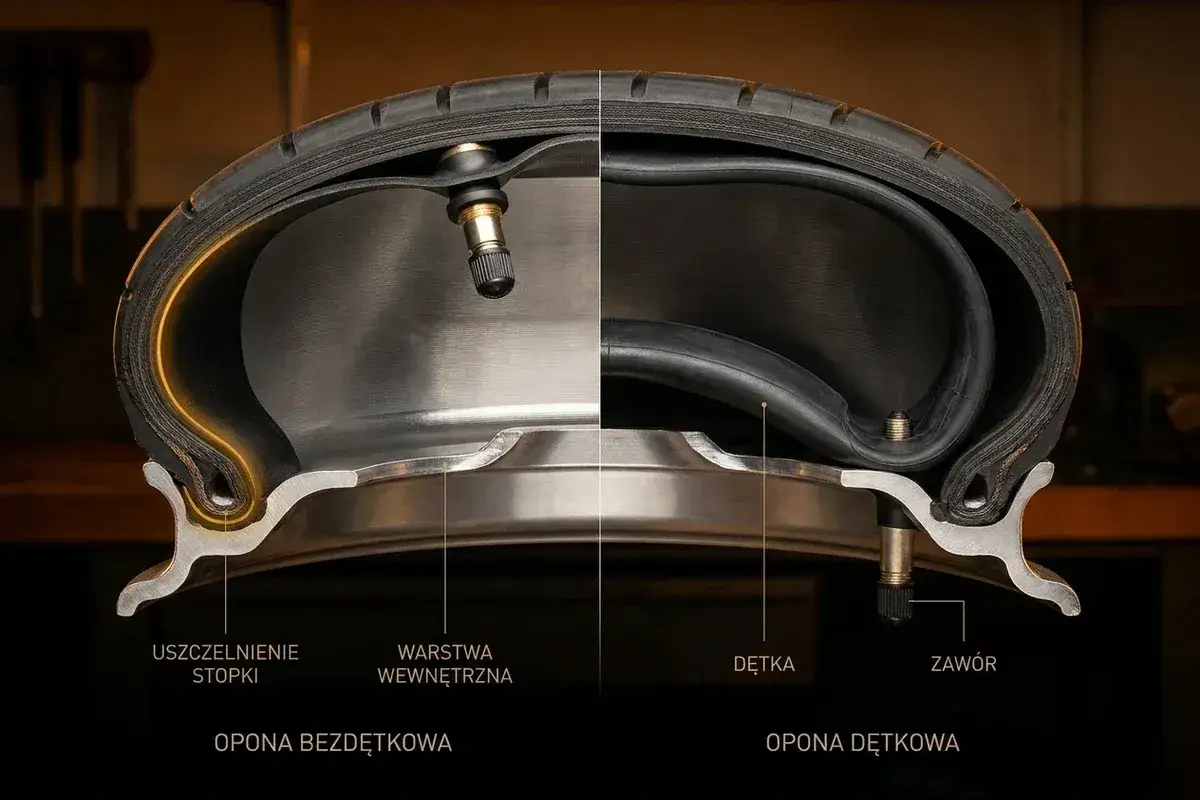 Przekrój opony radial tubeless i dętkowej. Po lewej opona bezdętkowa z uszczelnieniem stopki, po prawej opona z dętką i zaworem.