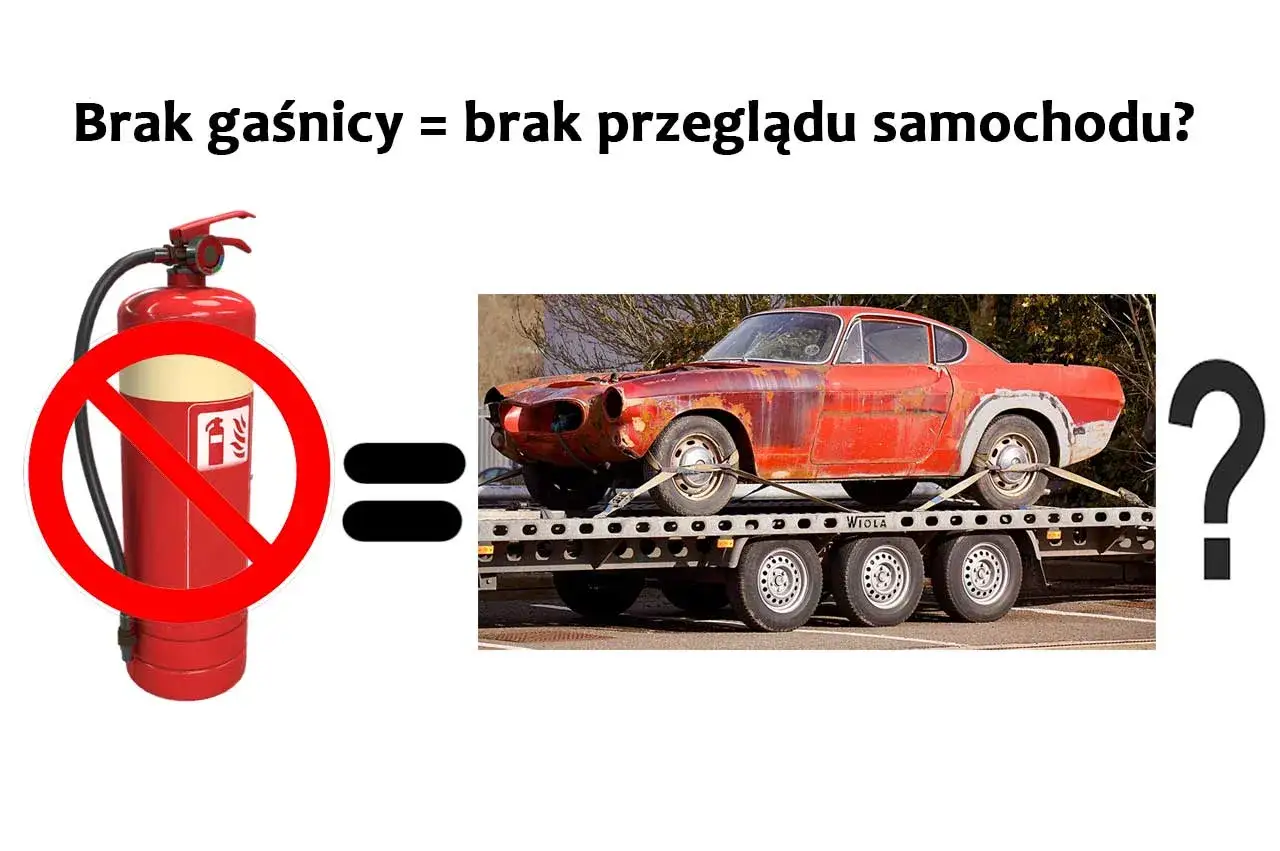 Zakaz gaśnicy = brak przeglądu? Stary, zardzewiały samochód na lawecie i znak zakazu.