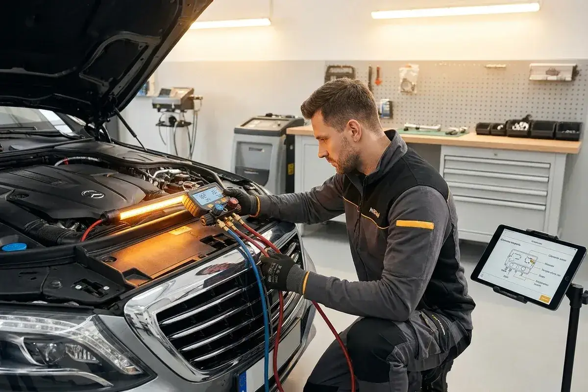 Mechanik sprawdza układ klimatyzacji, gdy ubywa płynu chłodniczego, nie ma wycieku. Na tablecie schemat diagnostyczny.