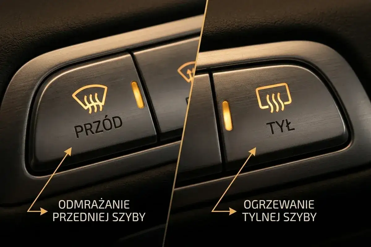 Przyciski klimatyzacji: odmgławianie przedniej szyby (PRZ&Oacute;D) i ogrzewanie tylnej szyby (TYŁ).