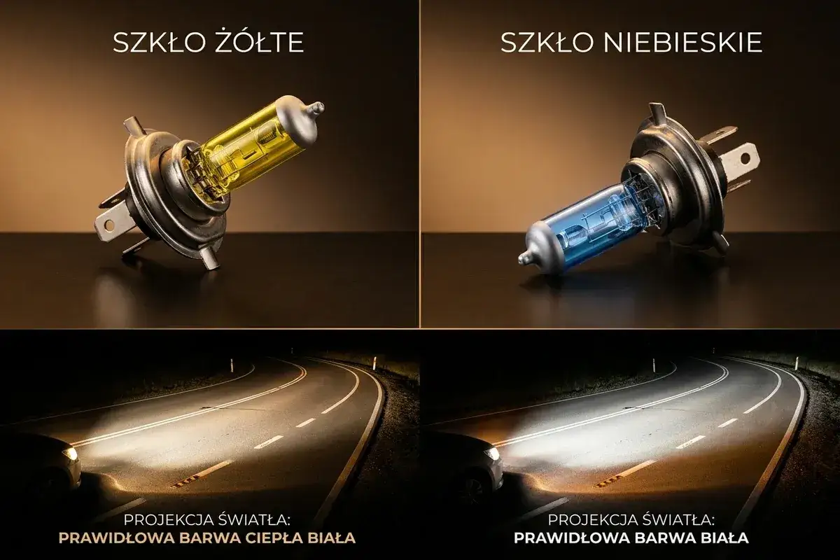 Porównanie żarówek: żółte szkło daje ciepłą białą barwę światła, niebieskie szkło – czystą białą. Symbol żarówki w akcji.