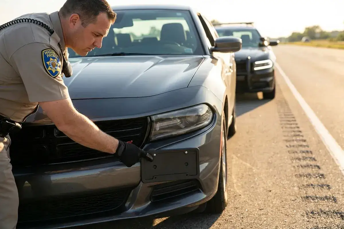 Policjant wskazuje na miejsce po tablicy rejestracyjnej, sugerując mandat za brak tablic.
