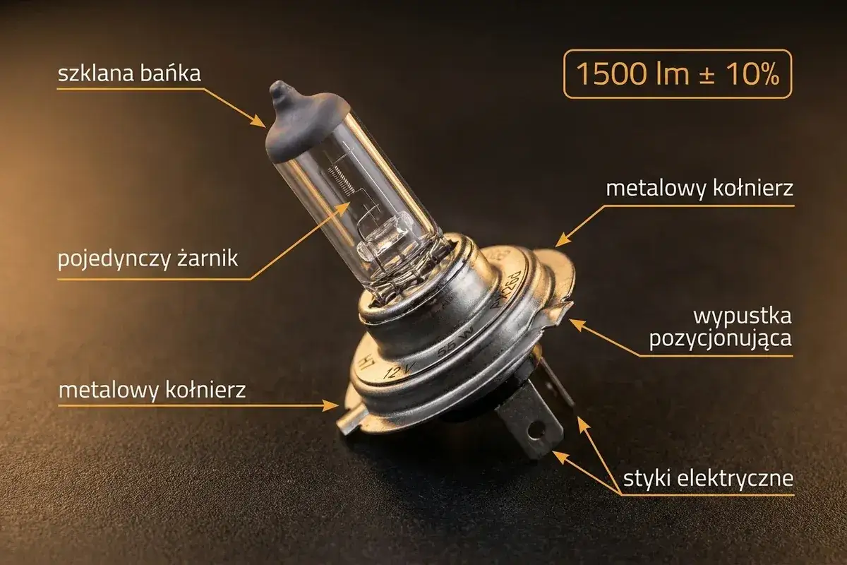 Żarówka samochodowa H7 z pojedynczym żarnikiem, metalowym kołnierzem i stykami elektrycznymi. Jasność 1500 lm.