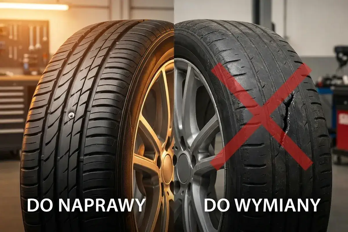Opona z gwoździem do naprawy, uszkodzona do wymiany. Sprawdź łatanie opony cena i zdecyduj.
