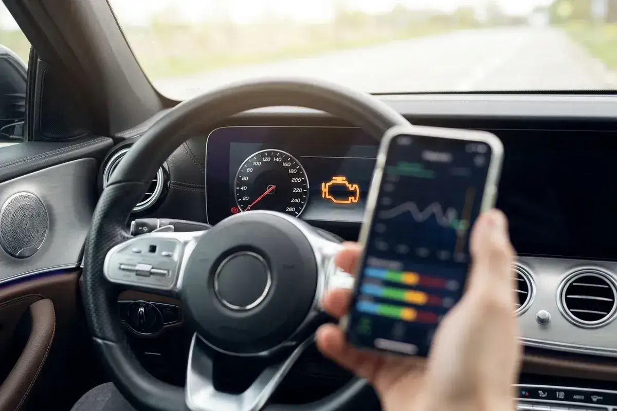 Włączasz aplikację na telefonie, by dowiedzieć się, jak skasować błąd check engine bez komputera. Na desce rozdzielczej świeci się kontrolka silnika.