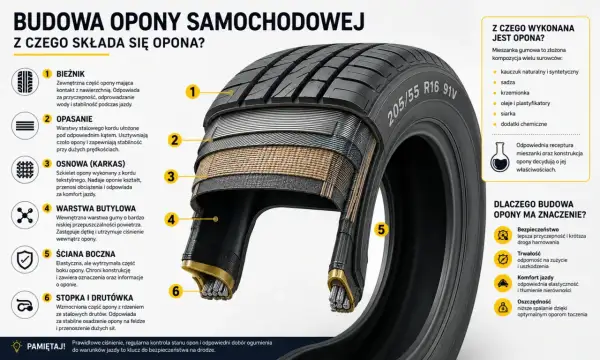 Przekrój opony samochodowej ukazujący jej budowę: bieżnik, opasanie, osnowę, warstwę butylową, ścianę boczną i stopkę.