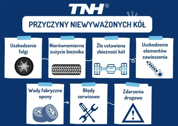 Przyczyny niewyważonych kół: uszkodzenie felgi, nierównomierne zużycie bieżnika, zła zbieżność, uszkodzone zawieszenie, wady opon, błędy serwisowe, zdarzenia drogowe.