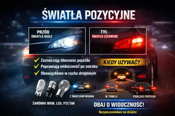 Przednie białe i tylne czerwone światła pozycyjne poprawiają widoczność. Zobacz, ile jest świateł pozycyjnych i kiedy ich używać.