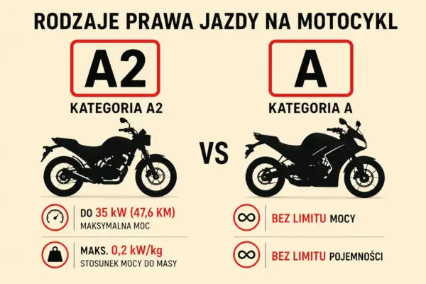 Porównanie kategorii A2 i A prawa jazdy na motor. A2: do 35 kW, A: bez limitu mocy i pojemności.