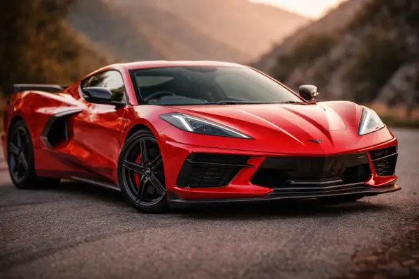 Czerwony Chevrolet Corvette C8 z czarnymi felgami i ostrymi światłami, które przypominają czerwone kierunkowskazy, na tle górskiego krajobrazu.